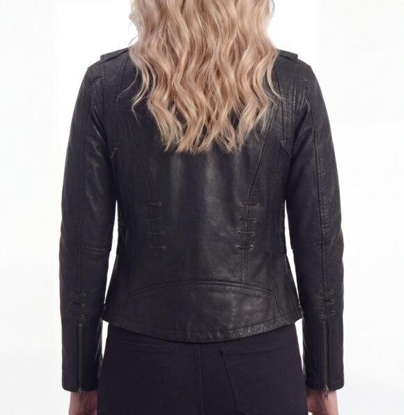 womens black goatskin leather motorcycle fashion jacket | lace | grommet