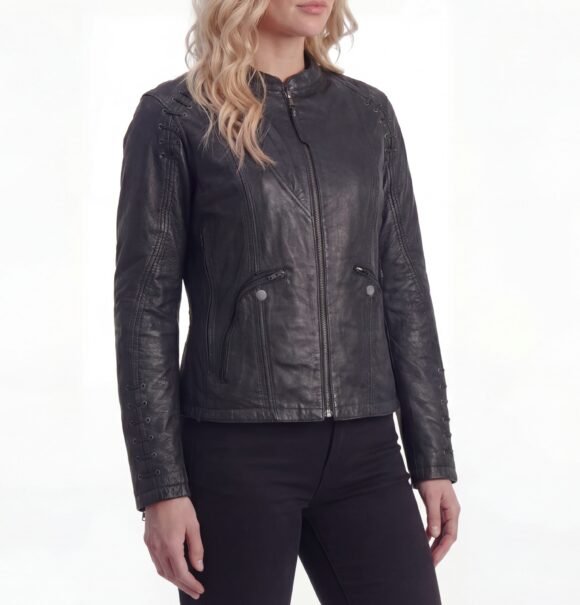 womens black goatskin leather motorcycle fashion jacket | lace | grommet