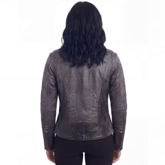 high mileage womens gray distressed goat skin leather jacket | lace | studs | fashion jacket