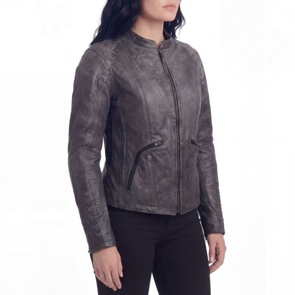 high mileage womens gray distressed goat skin leather jacket | lace | studs | fashion jacket