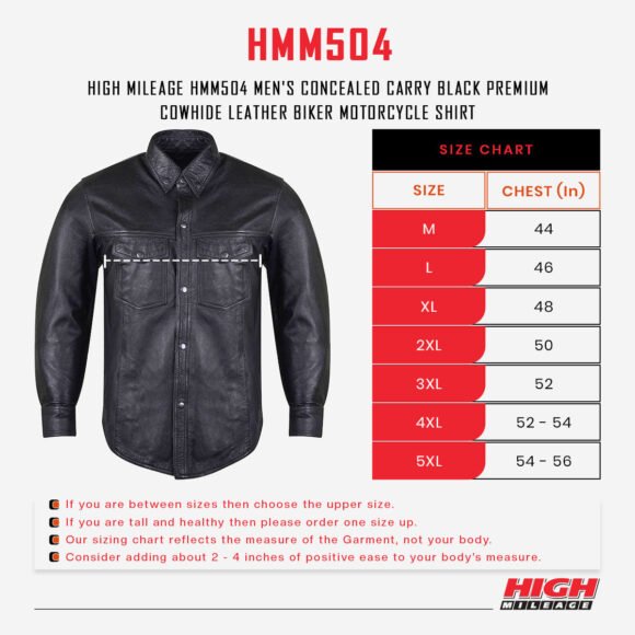 high mileage mens concealed carry black premium cowhide biker motorcycle leather shirt