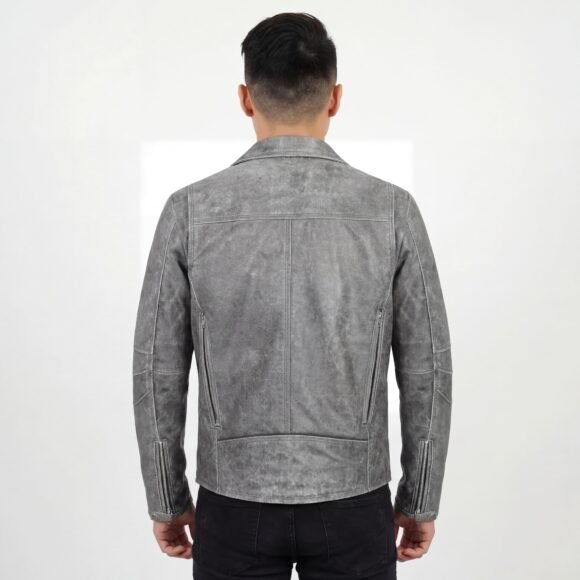 high mileage mens beltless dual conceal carry distressed gray premium cowhide leather biker motorcycle jacket