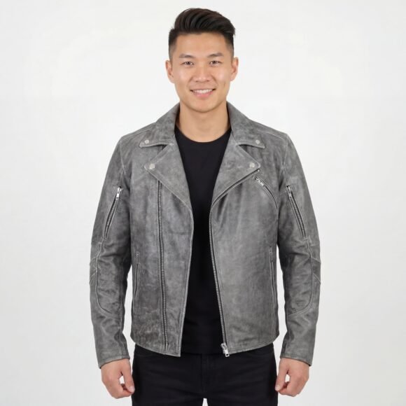 high mileage mens beltless dual conceal carry distressed gray premium cowhide leather biker motorcycle jacket