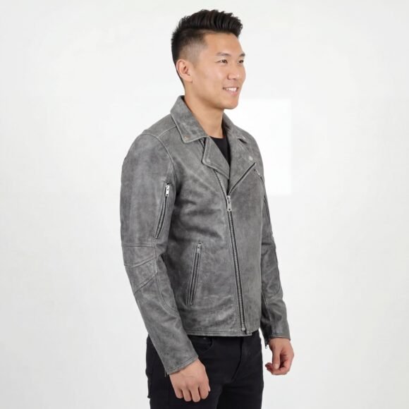 high mileage mens beltless dual conceal carry distressed gray premium cowhide leather biker motorcycle jacket