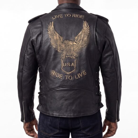 mens eagle embossed live to ride ride to live classic black leather motorcycle jacket