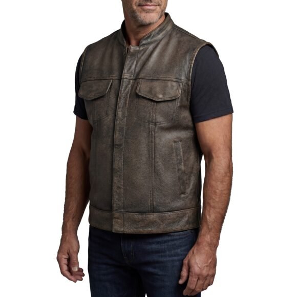 high mileage mens distressed brown leather club vest