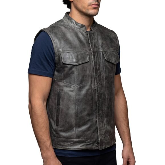mens gray distressed leather biker club vest