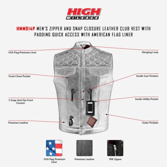 high mileage mens zipper | snap closure leather club vest | quick access | american flag liner