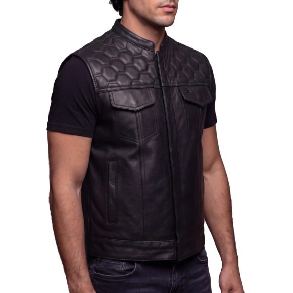 high mileage mens zipper | snap closure leather club vest | quick access | american flag liner