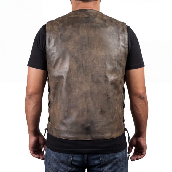 mens distressed brown cowhide ten pocket biker vest