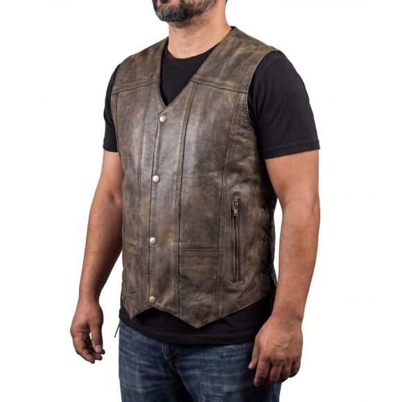mens distressed brown cowhide ten pocket biker vest