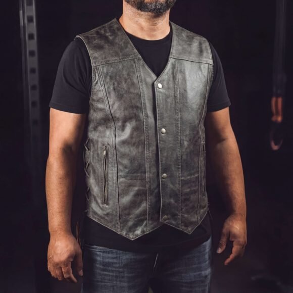 mens high mileage distressed gray cowhide ten pocket motorcycle vest