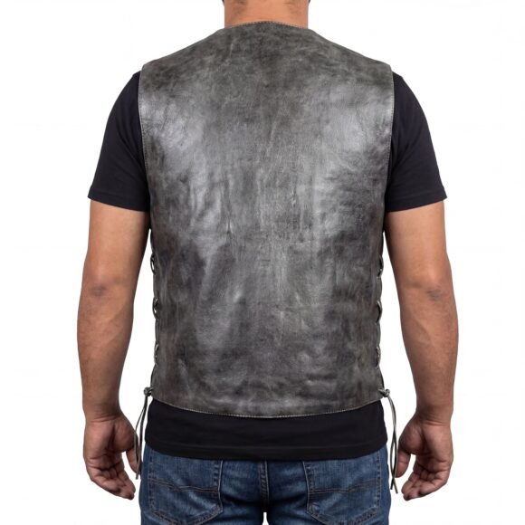 mens high mileage distressed gray cowhide ten pocket motorcycle vest