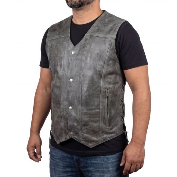 mens high mileage distressed gray cowhide ten pocket motorcycle vest
