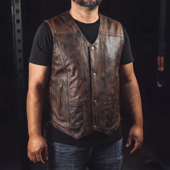 high mileage mens vintage brown cowhide ten pocket vest