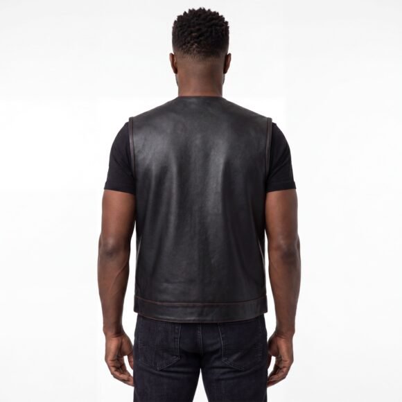 mens black premium cowhide club style vest | quick access ccw | red liner