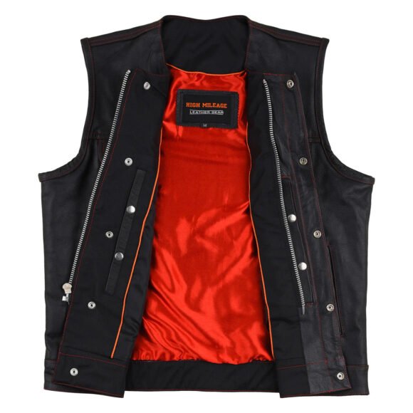 mens black premium cowhide club style vest | quick access ccw | red liner