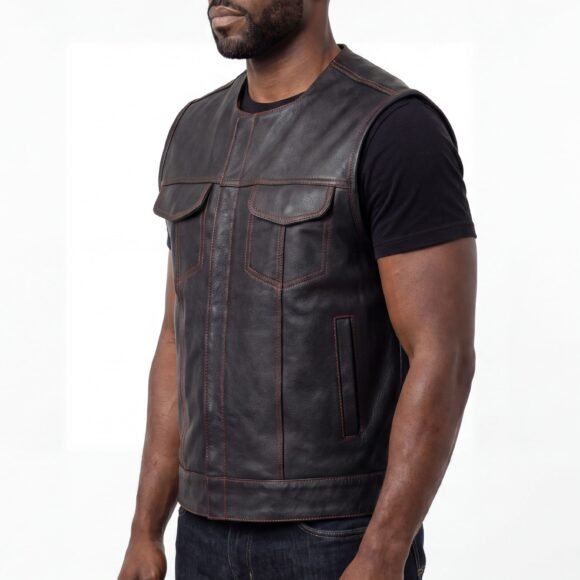 mens black premium cowhide club style vest | quick access ccw | red liner