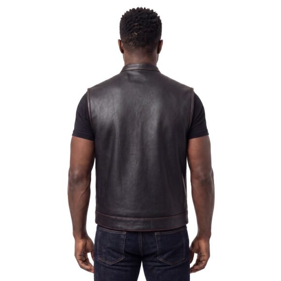high mileage mens collarless leather club vest | american flag liner | red stitching