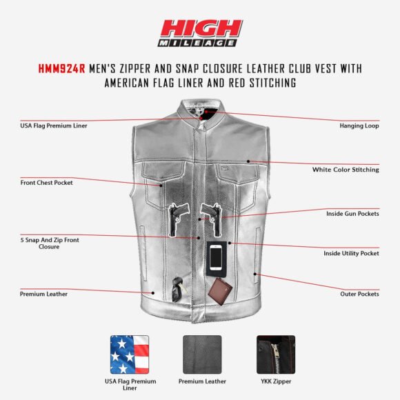 high mileage mens collarless leather club vest | american flag liner | red stitching