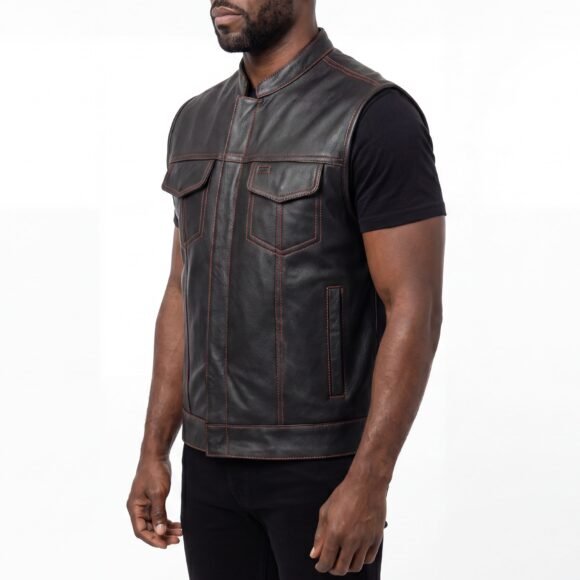 high mileage mens collarless leather club vest | american flag liner | red stitching