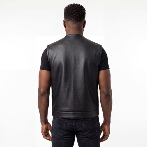 mens zipper | snap closure collarless leather club vest | american flag liner