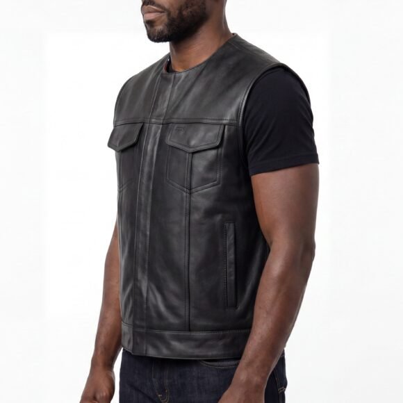 mens zipper | snap closure collarless leather club vest | american flag liner