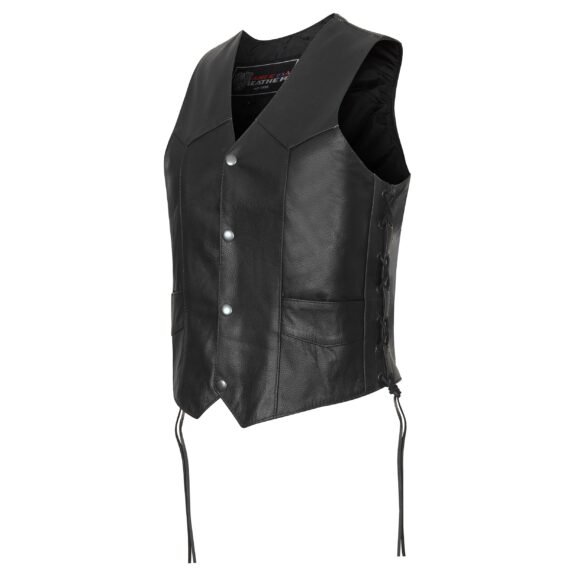 vance mens black leather motorcycle vest | adjustable side laces