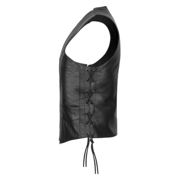 vance mens black leather motorcycle vest | adjustable side laces