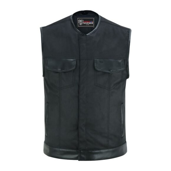 mens black textile biker club vest | collarless | leather trim