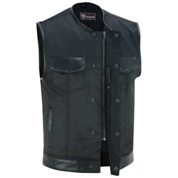 mens black textile biker club vest | collarless | leather trim