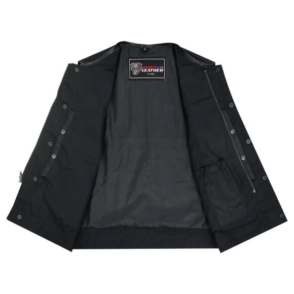mens black textile biker club vest | collarless | leather trim