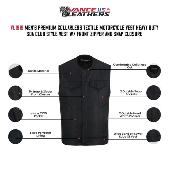 mens collarless textile biker vest | front zipper