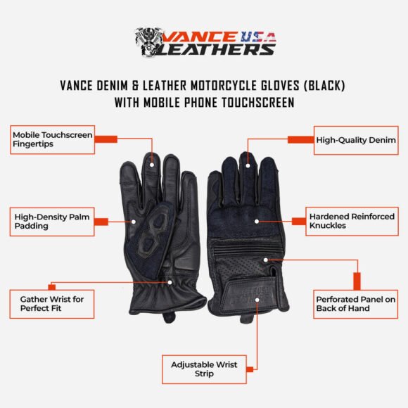 denim | leather riding gloves (black) with mobile phone touchscreen