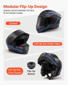 vevor modular flip up motorcycle helmet with dual visor, dot & ece approved, medium
