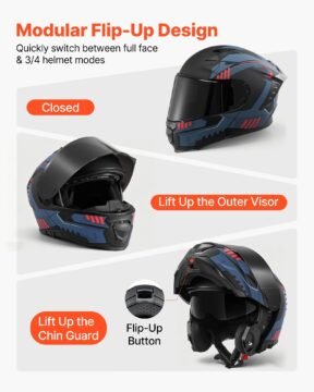 vevor modular flip up motorcycle helmet with dual visor, dot & ece approved, medium