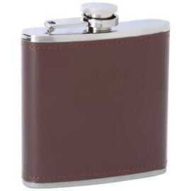 6oz stainless steel flask with brown genuine leather wrap