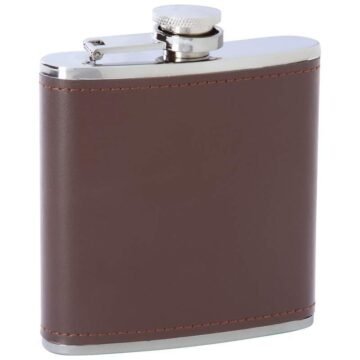 6oz stainless steel flask with brown genuine leather wrap