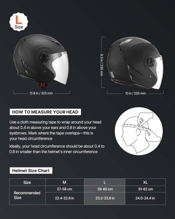 vevor dot approved 3/4 open face motorcycle helmet with clear visor, matte black l