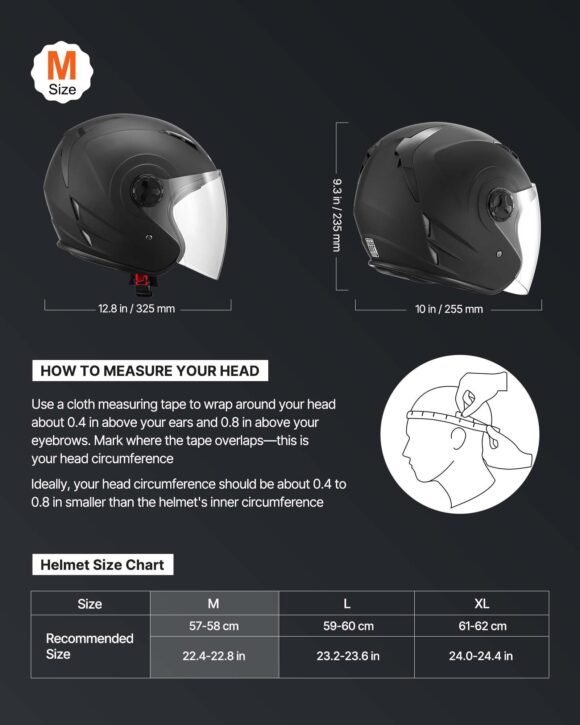 vevor dot approved 3/4 open face motorcycle helmet with clear visor, matte black m