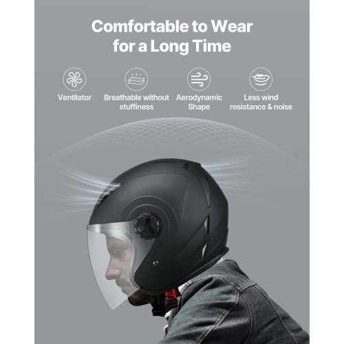vevor dot approved 3/4 open face motorcycle helmet with clear visor, matte black m