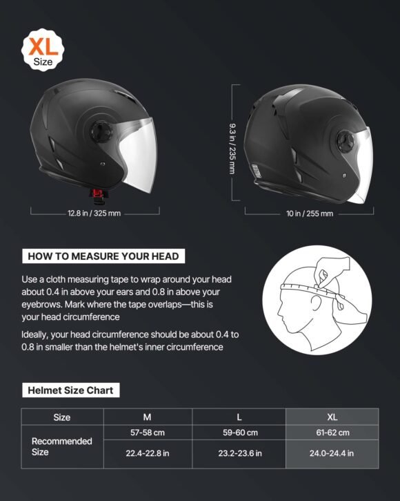 vevor dot approved 3/4 open face motorcycle helmet with clear visor, matte black xl