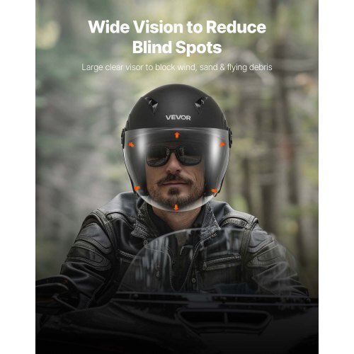 vevor dot approved 3/4 open face motorcycle helmet with clear visor, matte black xl