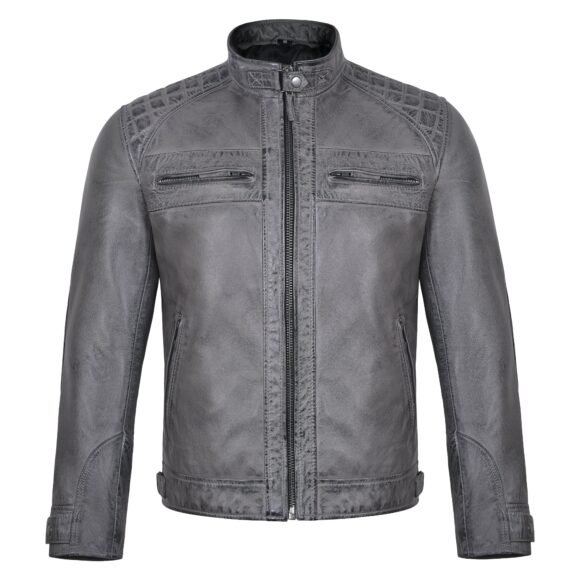 men's cafe racer waxed lambskin distressed grey motorcycle leather jacket