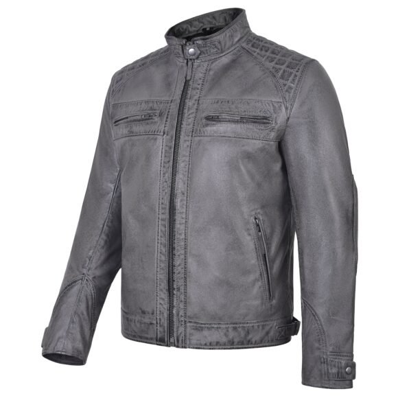 men's cafe racer waxed lambskin distressed grey motorcycle leather jacket