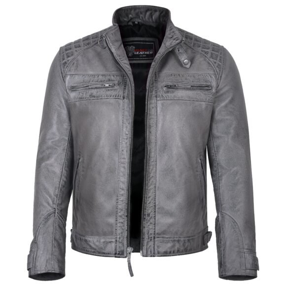 men's cafe racer waxed lambskin distressed grey motorcycle leather jacket