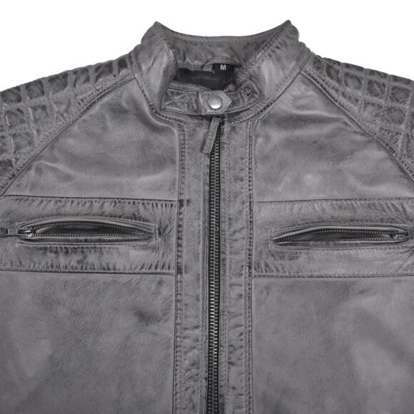 men's cafe racer waxed lambskin distressed grey motorcycle leather jacket