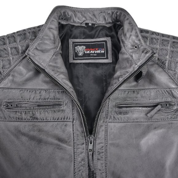 men's cafe racer waxed lambskin distressed grey motorcycle leather jacket