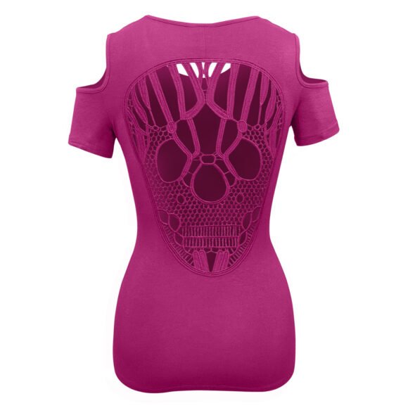 vb024/vb124 ladies half sleeve shoulder cutoffs shirts sugar skull lace design on back