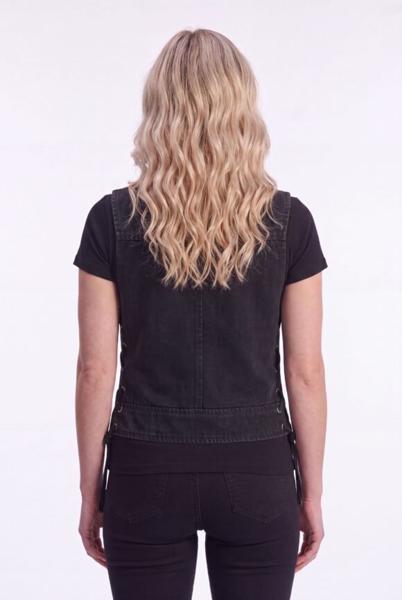 womens black denim v neck vest | zipper | side laces